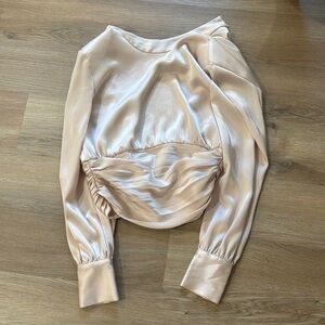 Women's Cream Satin Ruched Long-Sleeve Top